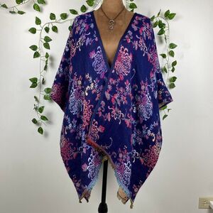 Chico's blue floral tapestry poncho fringe asymmetrical oversized granny boho